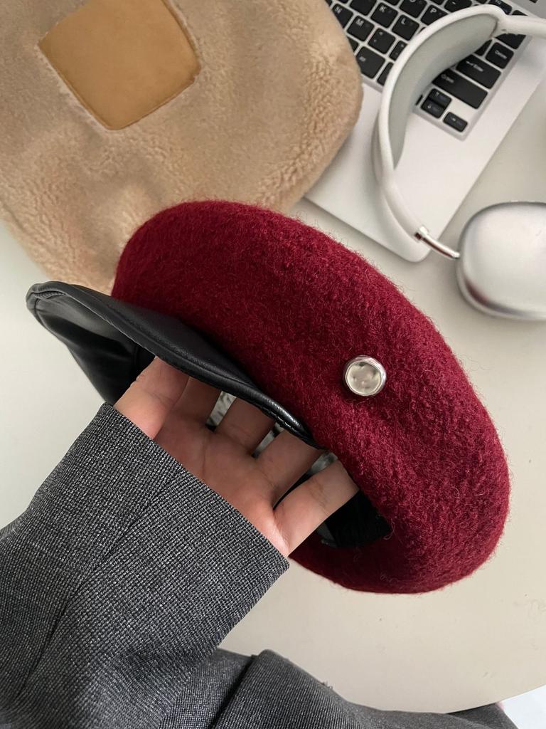 High-grade Wool Pu Soft Leather Splicing Newsboy Hat British Versatile Retro Octagonal Hat Versatile Painter Hat