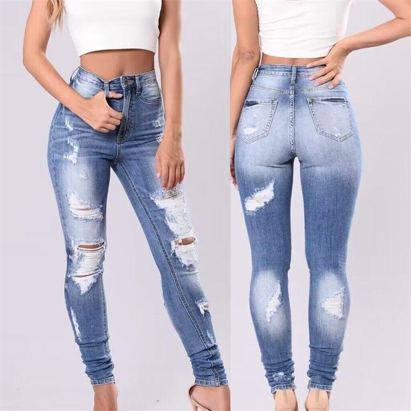 European and American Fashion High Waist Tight Ripped Jeans Trousers Women Ripped Skinny Jeans Women