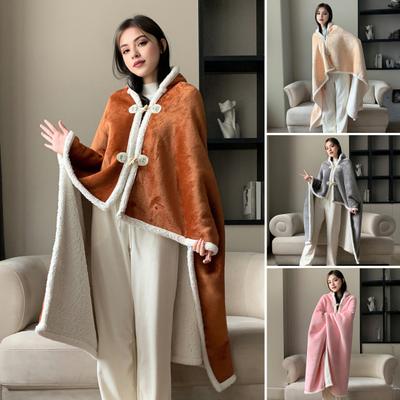 Cape Blanket Plush Hooded Cape with Button Fastening Double-Sided Warmth White Trim Blanket Cape Office Nap