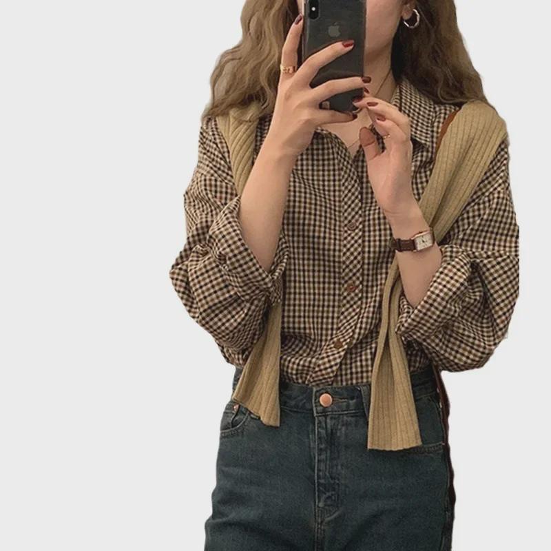 Women's Autumn Brown Plaid Korean-Style Loose Long Sleeve Shirt