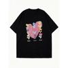 Oversize Women's Short-Sleeve T-Shirt with Pink Heart, Colorful Flowers and "Hpsom flower" Print