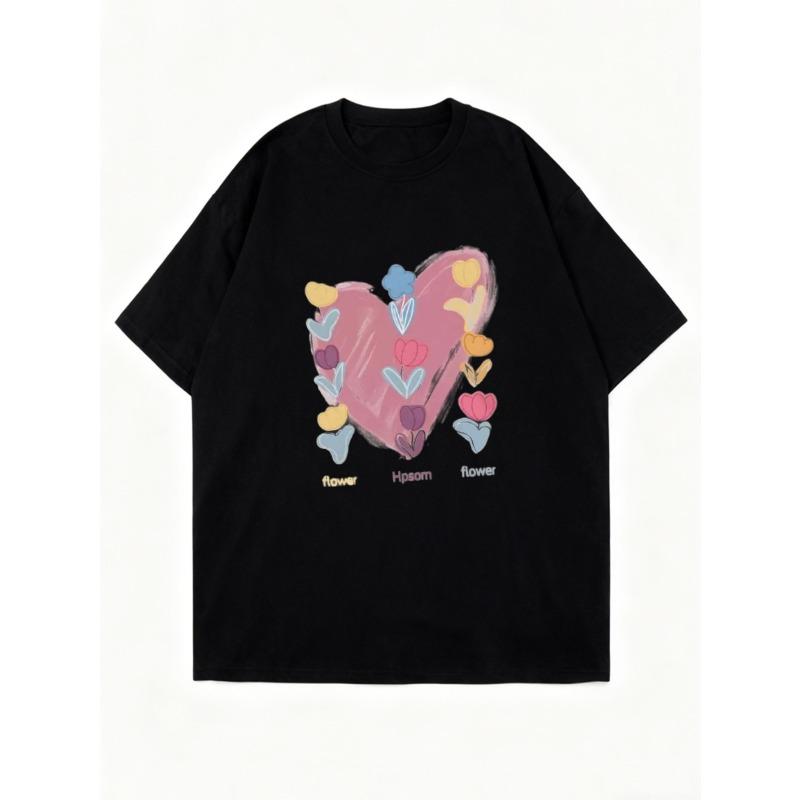 Oversize Women's Short-Sleeve T-Shirt with Pink Heart, Colorful Flowers and "Hpsom flower" Print