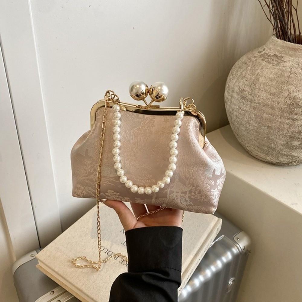 Embroidery Chinese Style Kiss Lock Handbag Faux Pearl Chain Silk Clutch Bag  Special Events