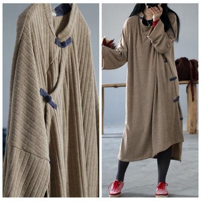 Women Vintage Cotton Stand Button Dresses Autumn Long Sleeve Chinese Style Robes A-Line Soft Dresses