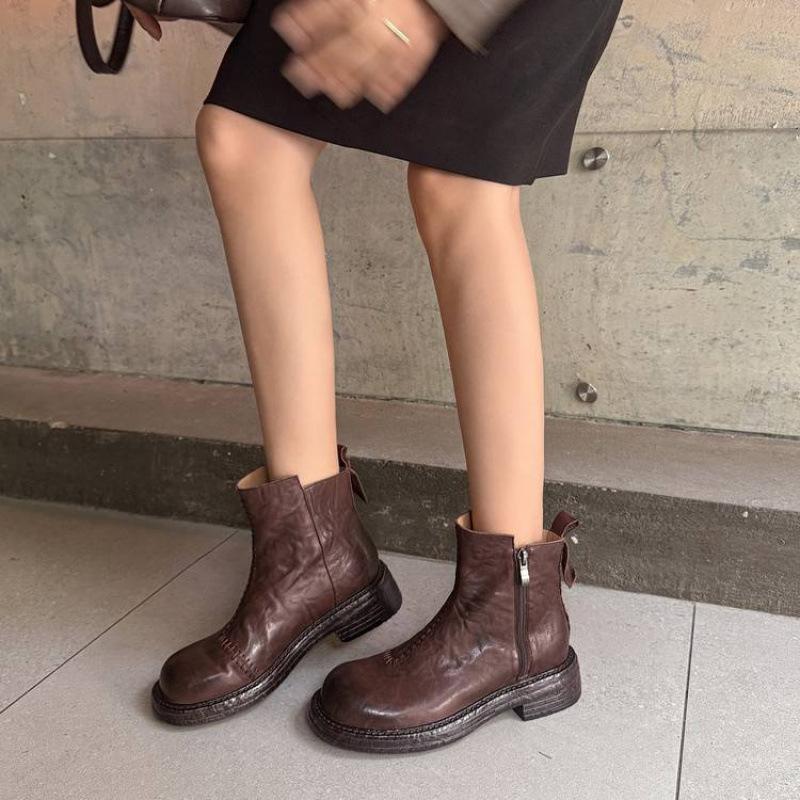 New women's leather Martin boots solid color medium heel rubber thick sole round head versatile comfortable zipper cowhide mid-tube boots
