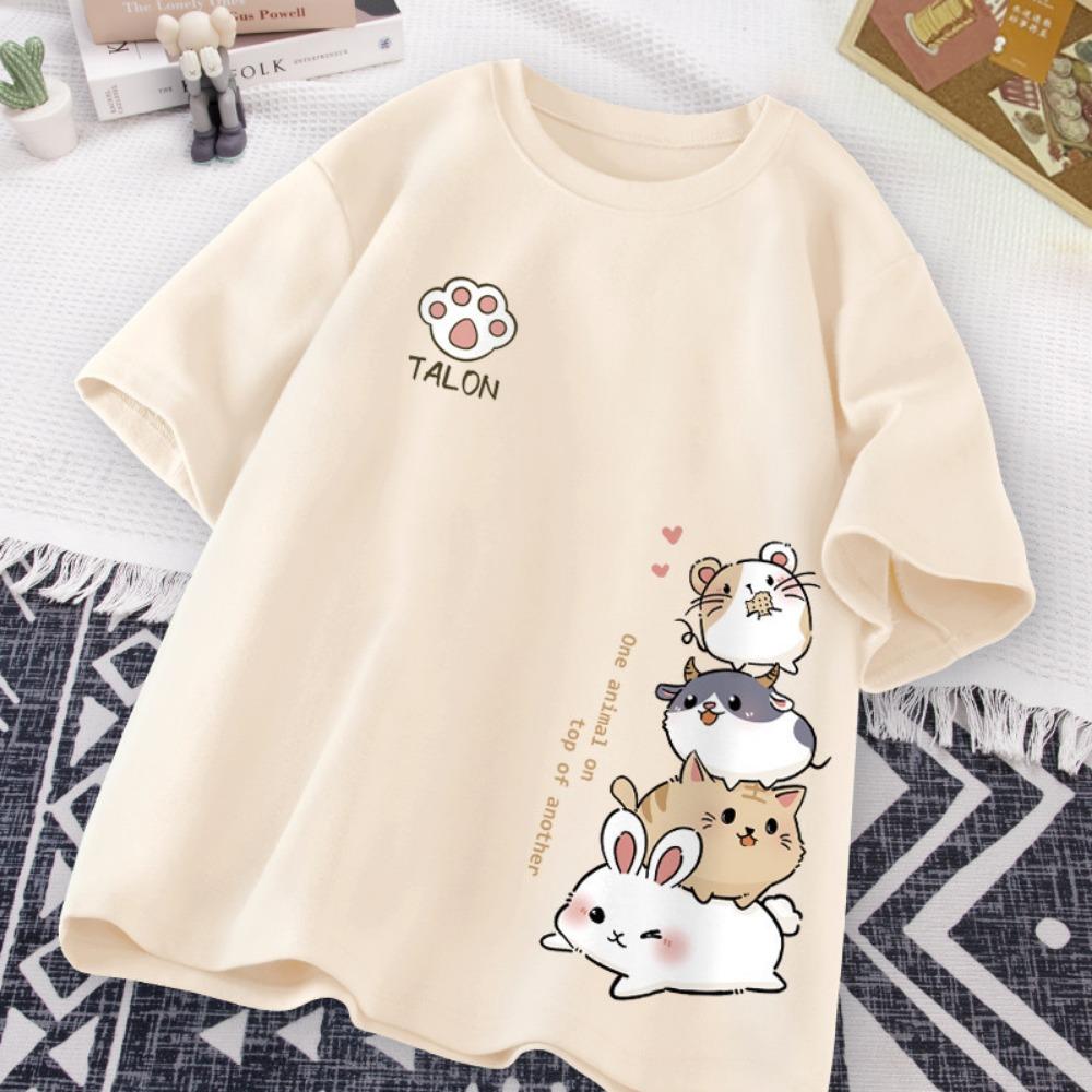 

Summer Trendy Simple Cat Printed Short-sleeved T-shirt for Ladies and Boys Same Loose Casual Large-size Top M
