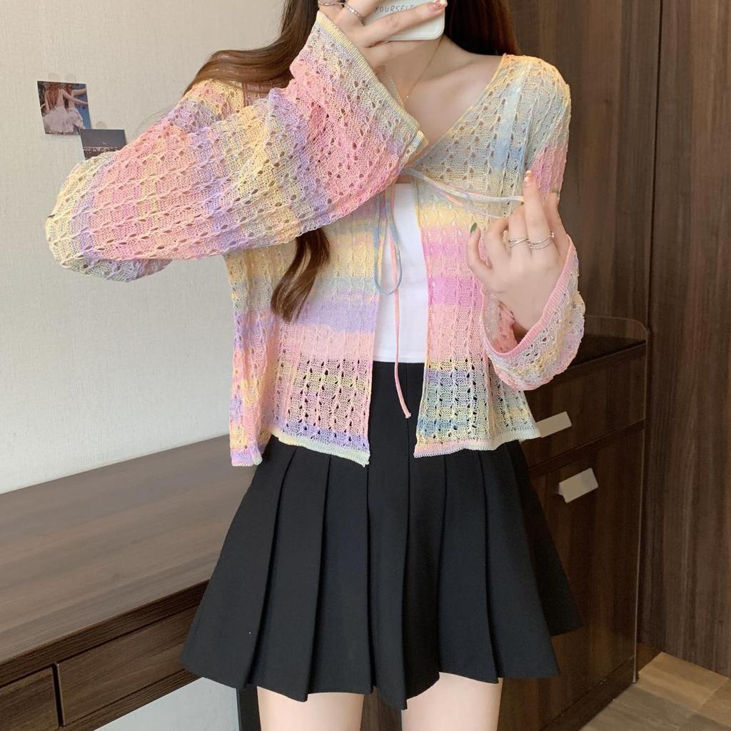 Summer Rainbow Hollow Out Knit Cover Up Ice Silk Cardigan Coat Sun Protection Outer Wear Short Sweet Spicy Dopamine Top