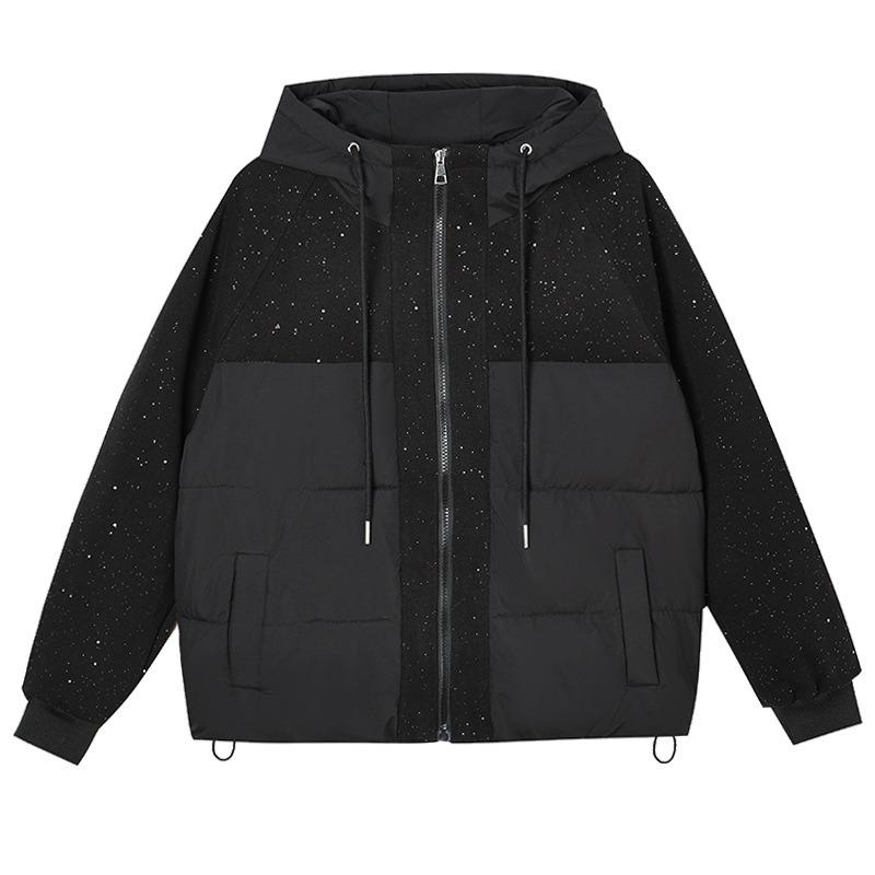 Sequins Chic Splicing Hooded Down Cotton Clothing Women's Jacket Autumn and Winter Fashion Exterior Design Cotton