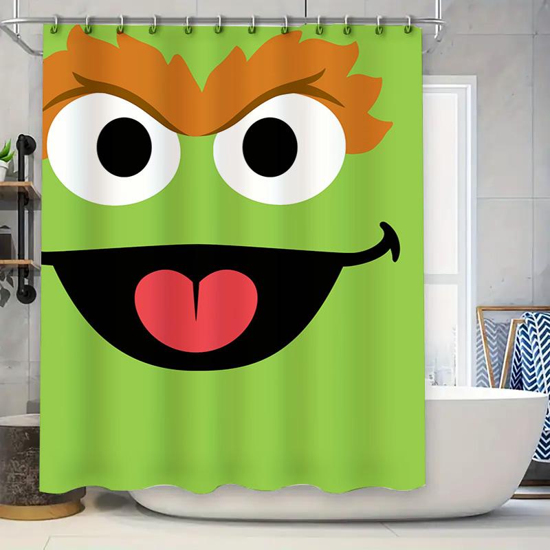 

Green Monster Face Shower Curtain: Fun Bathroom Decor for Kids Adults Waterproof Fabric with Hook Rings (180 x 180 cm) 90x180cm