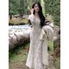 Spring Summer Elegant Mermaid Long Dress Fashion Slim Flare Sleeve Wedding Runway Party Lace Vestidos Women Vintage Clothing