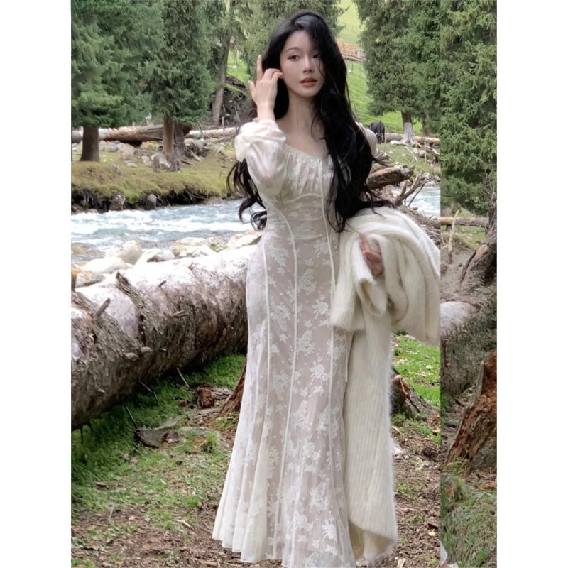 Spring Summer Elegant Mermaid Long Dress Fashion Slim Flare Sleeve Wedding Runway Party Lace Vestidos Women Vintage Clothing