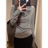High-end gray one-word shoulder long-sleeved women's top spring new slim-fitting and thin shirt versatile bottoming shirt