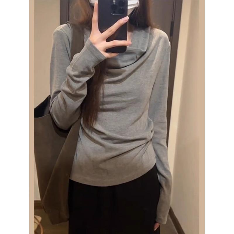 High-end gray one-word shoulder long-sleeved women's top spring new slim-fitting and thin shirt versatile bottoming shirt
