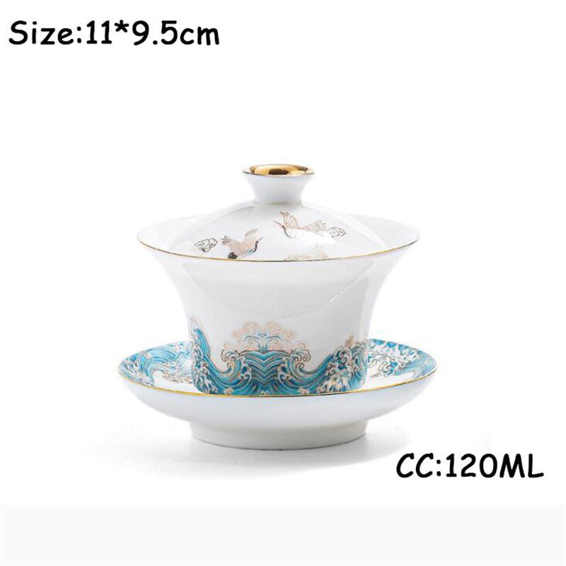 

120ml White Nephire Porcelain Gaiawan Crane Wave Plated Tea Bowl Household Gaiwan Teacup Kung Fu Puer Tea Tea Set Tea Ceremony