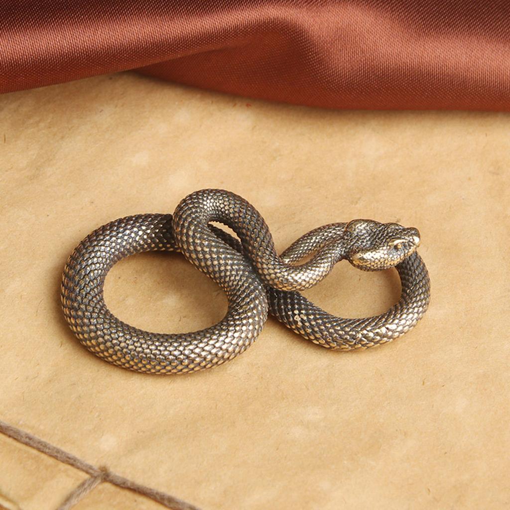 Brass Snake Figurine Keychain Pendant Charm Antique Animal Statue for Home Office Desktop Decoration and Bag Accessories