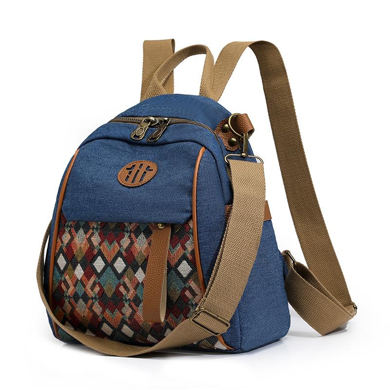 Vintage Color Block Backpack Ethnic Embroidery Shoulder Bag Large Capacity Backpack