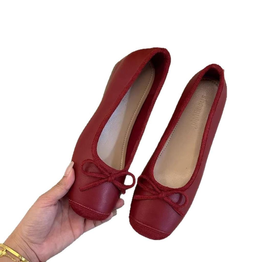 Small Inner Height Increase Square Head Red Flat Single Shoes Women's Summer New Bow Ballet Style Retro Doudou Shoes