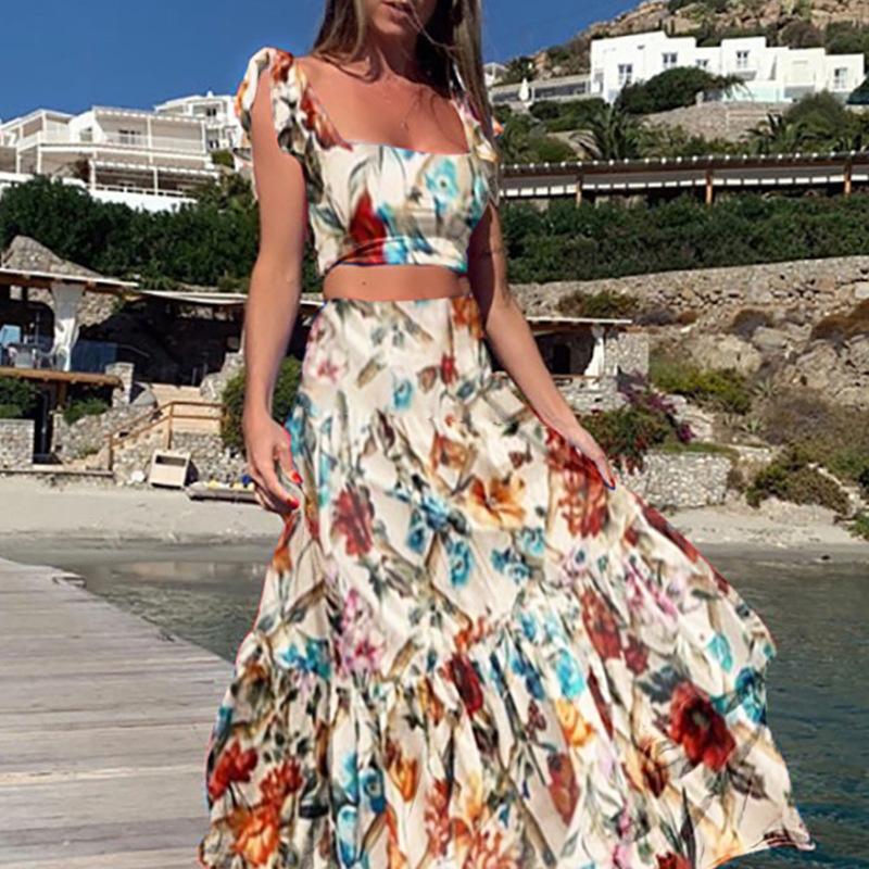 2025 Summer New Waist Top Fashionable and Sexy Printed Dress Long Dress Two-piece Set