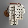 Summer round neck polka dot short-sleeved knitted sweater fashion suit + high waist hip-wrapped split skirt two-piece set
