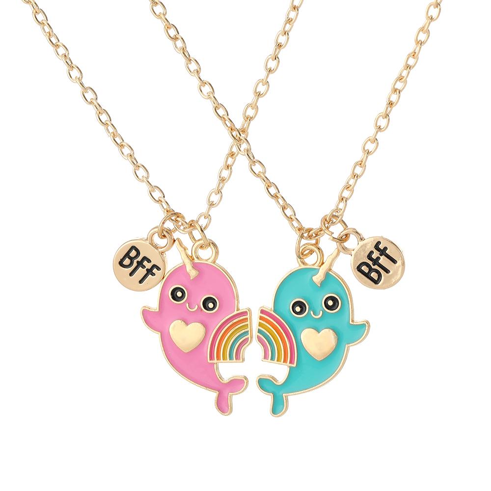

2Pcs/Set Cartoon BFF Round Charm Rainbow Dolphin Design Best Friends Necklace For Girls Frienship Gift 45cm