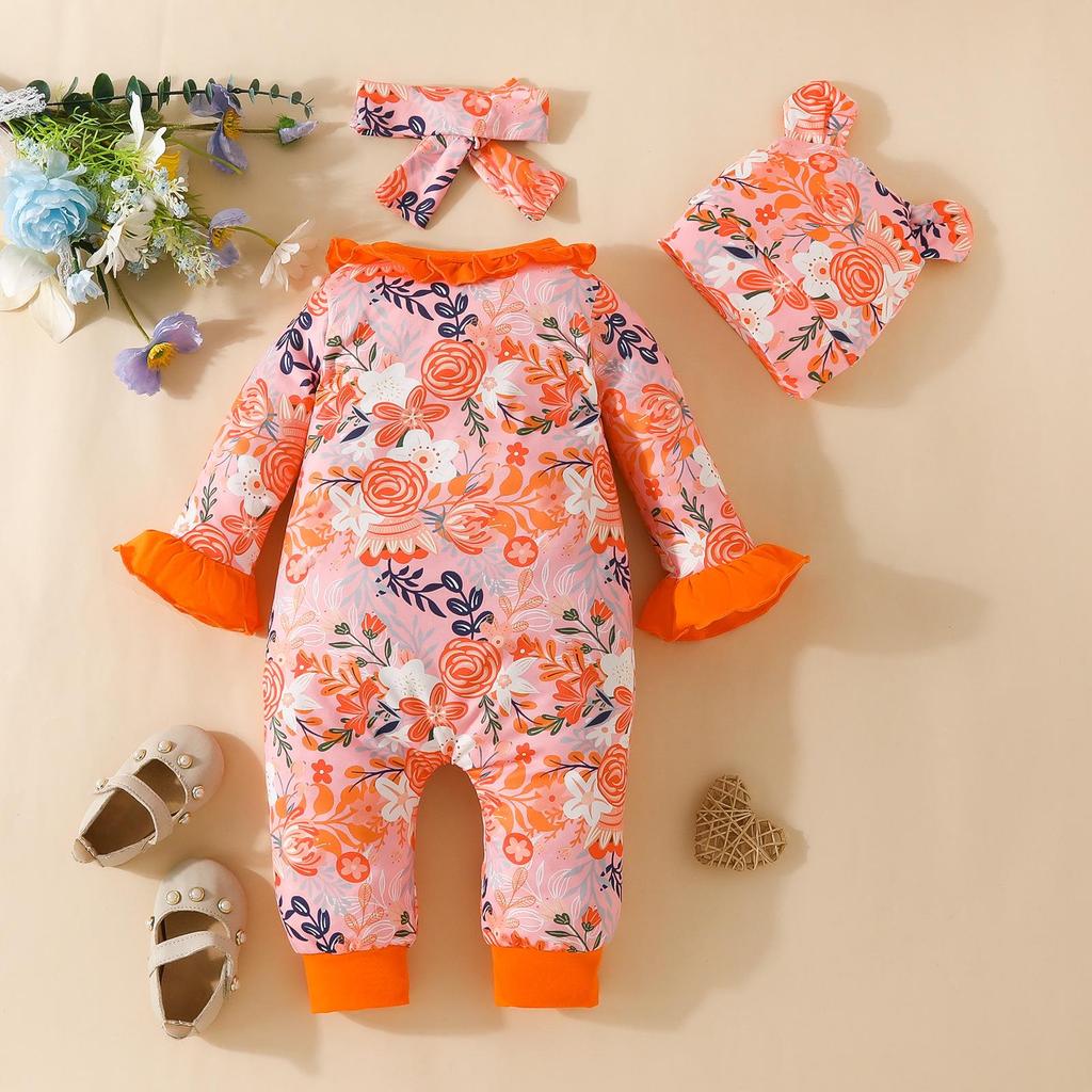 Adorable Baby Floral Flare Sleeve Jumpsuit with Hat & Headband (0-1Y)