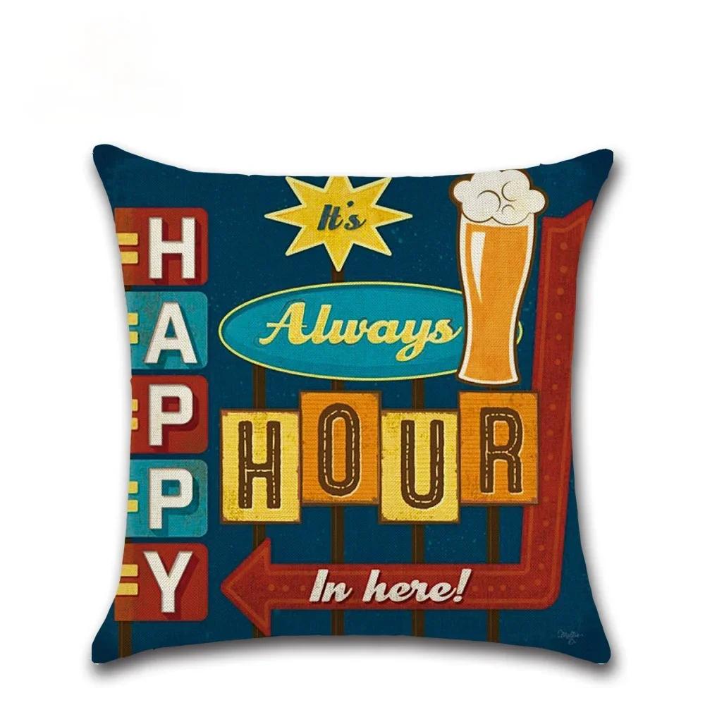 Vintage Beer Bottle Cartoon Pillow Case Alphabet Beer Printed Throw Pillow Vintage Home Decorative  Linen Cushion Cover