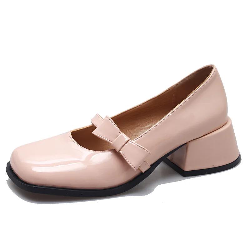 Fashion Spring 2025 New Bow Chunky Heels Sweet Retro French Nude Pink High Heels for Women  shoes for women