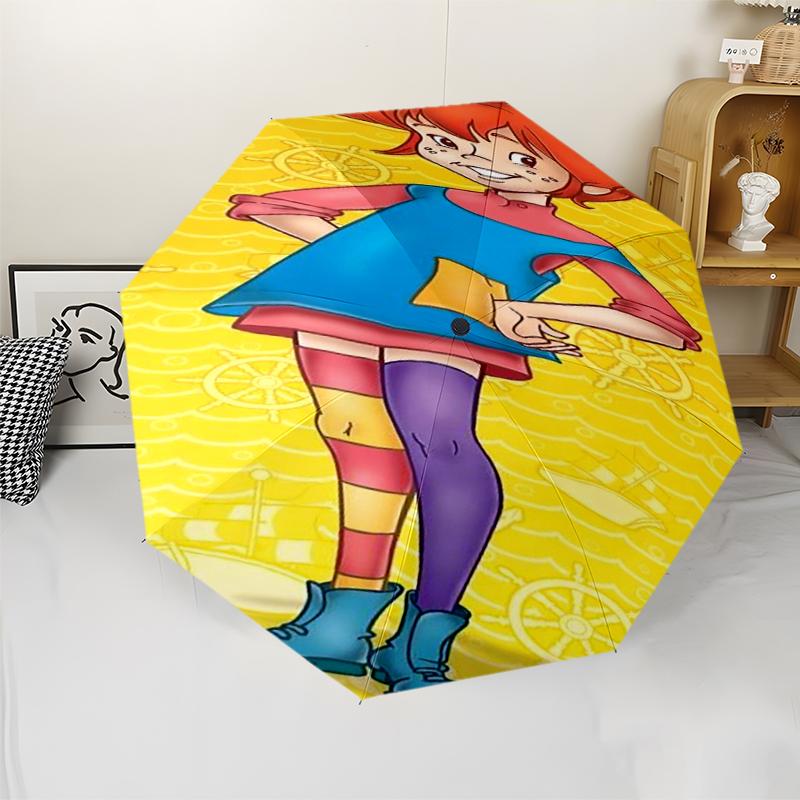 Pippi Longstocking Theme Automatic Umbrella, Lightweight & Portable, 8 Rib, Perfect for Outdoor Travel, Birthdays, Christmas, Gifts.