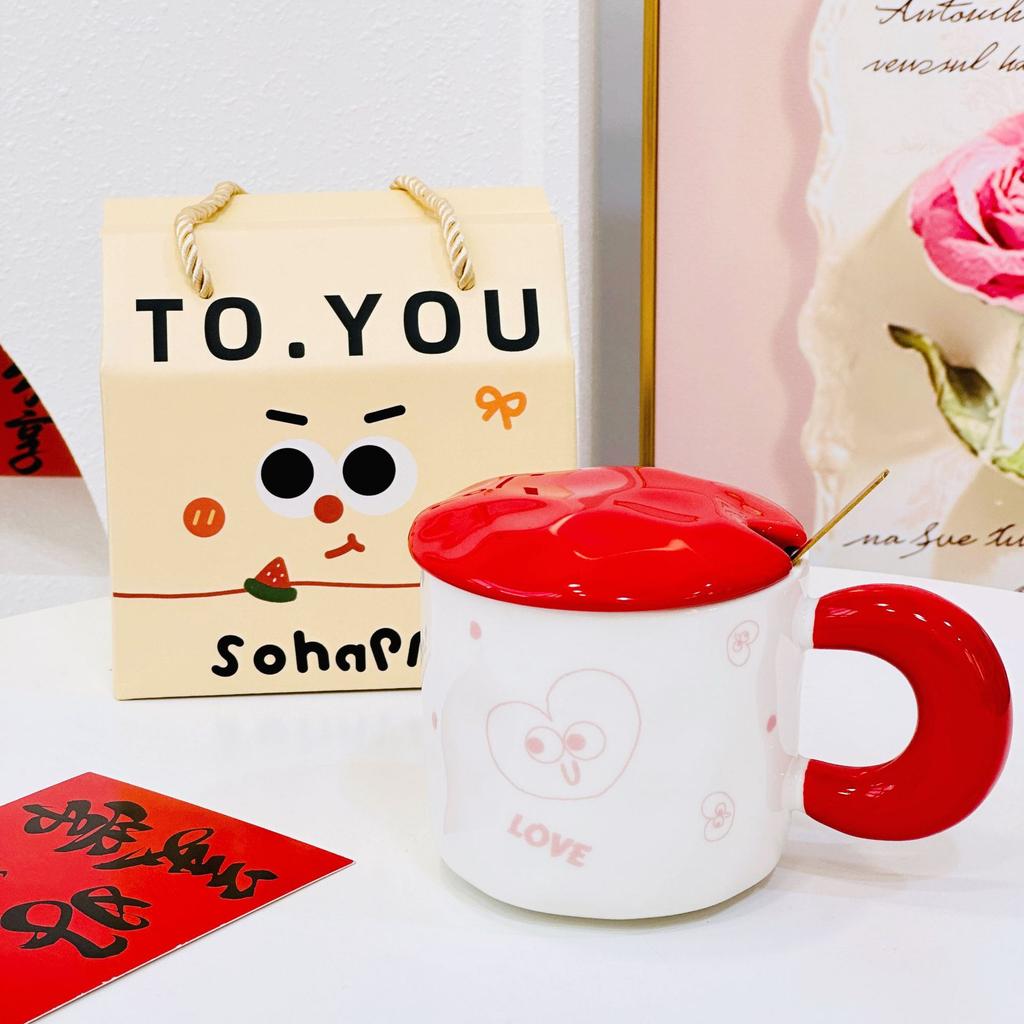 Red Festive Zhaocai Fubao Ceramic Mug with Lid New Year Gift Cup Souvenir Event Handheld Gift Box