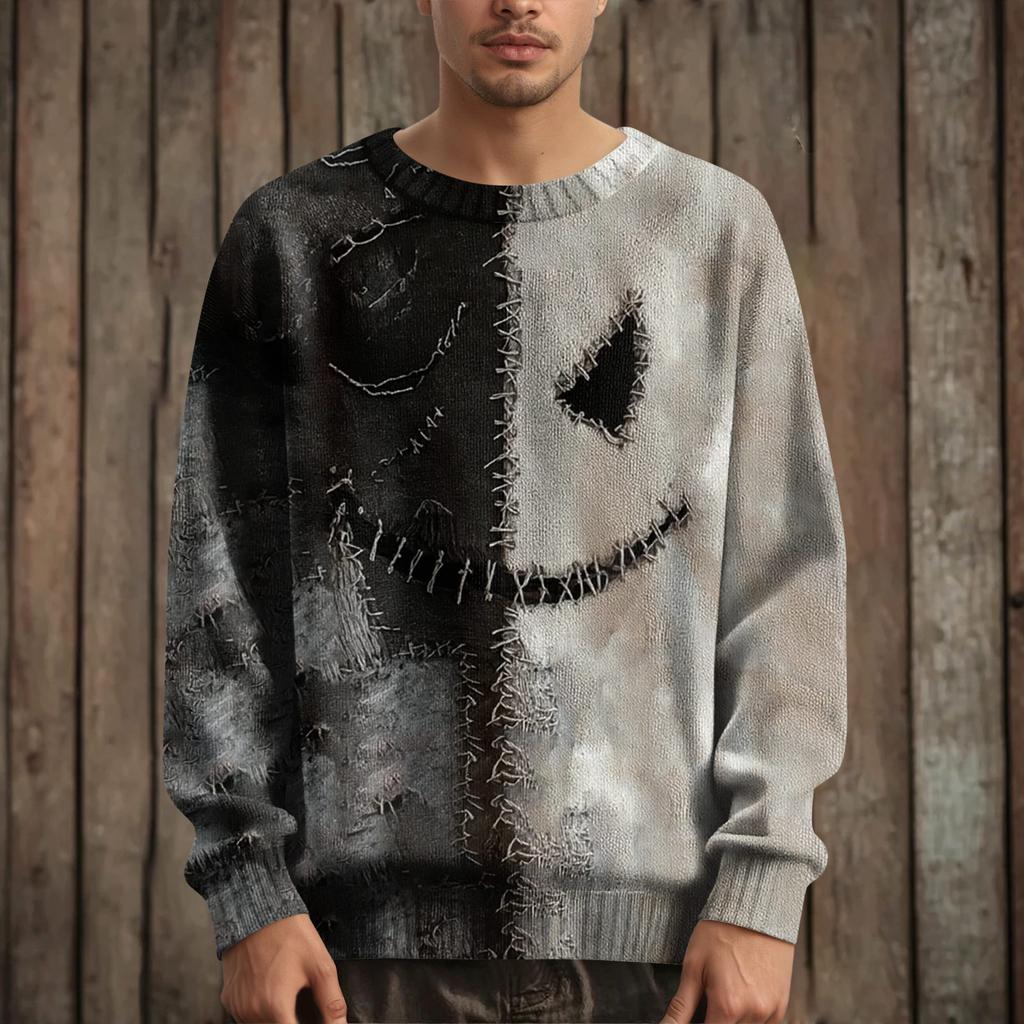 Men's Long Sleeve Pullover Sweater Casual Halloween Print Knit Oversized Sweater