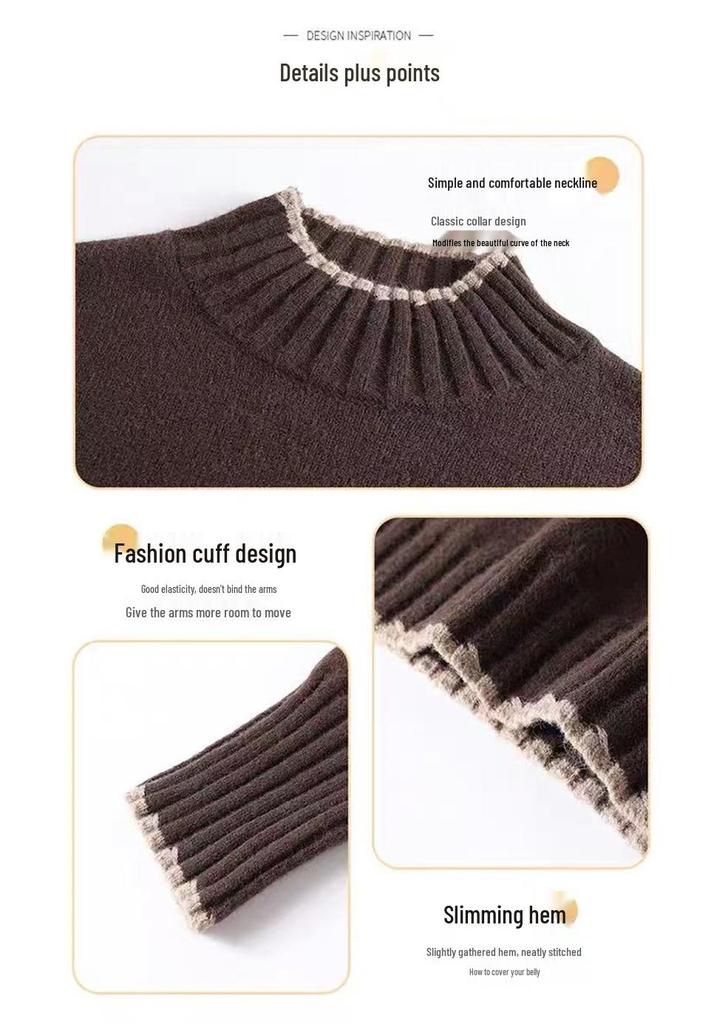 Plus Size Color Block Half-High Neck Sweater - Women's Loose Autumn/Winter Knit Pullover