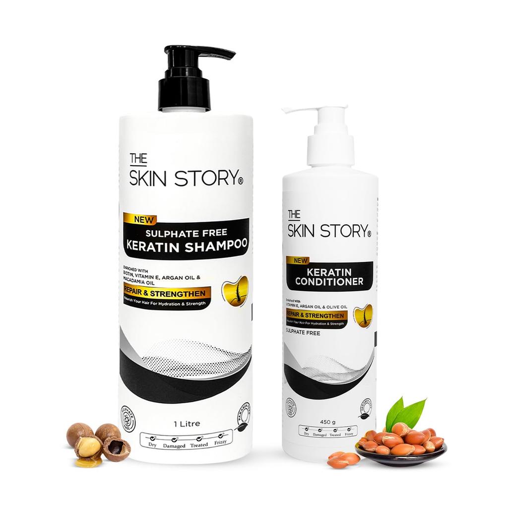 The Skin Story Sulphate Free Keratin Shampoo & Conditioner Set | Shine & Frizz-Free Hair Care | Damage Repair with Argan, Macadamia| 1Litre + 450g