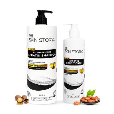 The Skin Story Sülfatsız Keratin Şampuan ve Saç Kremi Seti | Parlaklık ve Elektriklenmeyen Saç Bakımı | Argan, Macadamia ile Hasar Onarımı | 1 Litre + 450g
