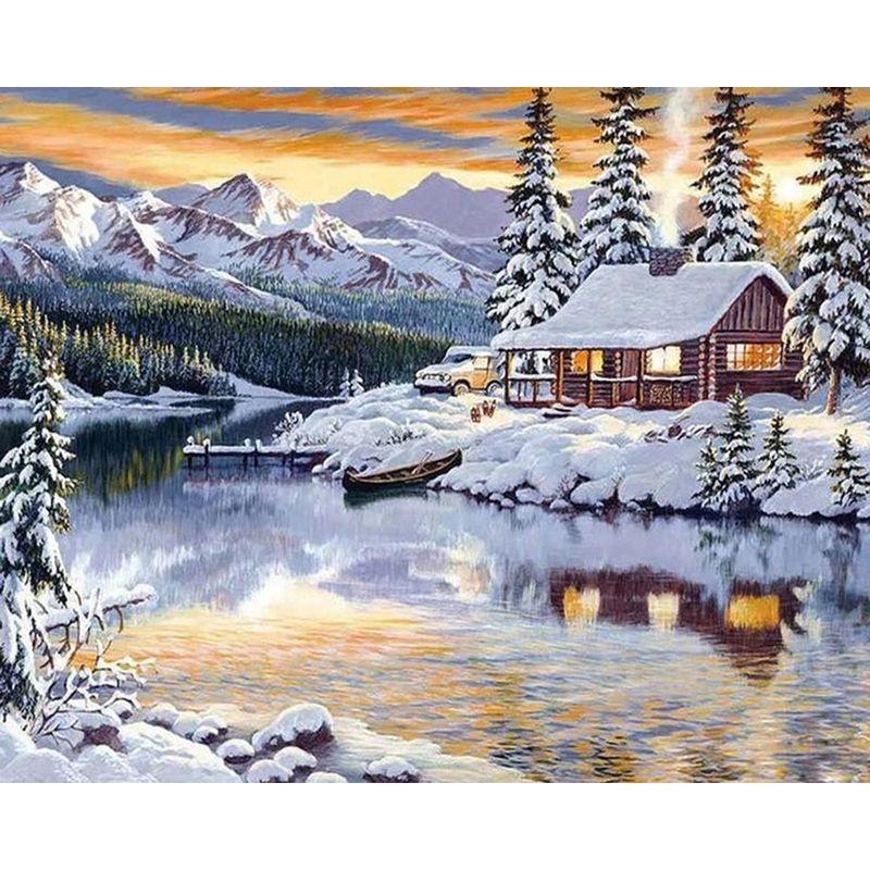 Full Round Diamond Painting Handmade Winter Scenery Cross Stitch 5d Diamond Embroidery House Landscape Decor