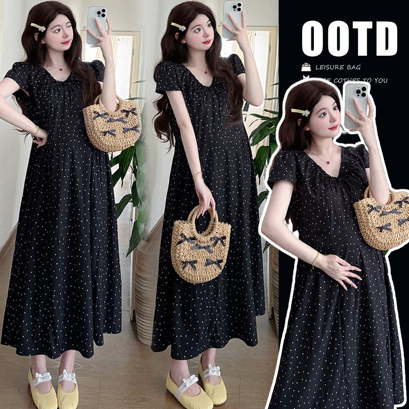 2026 Summer Polka Dot V-Neck Tie-Up Maternity Dress - French Romantic Style L