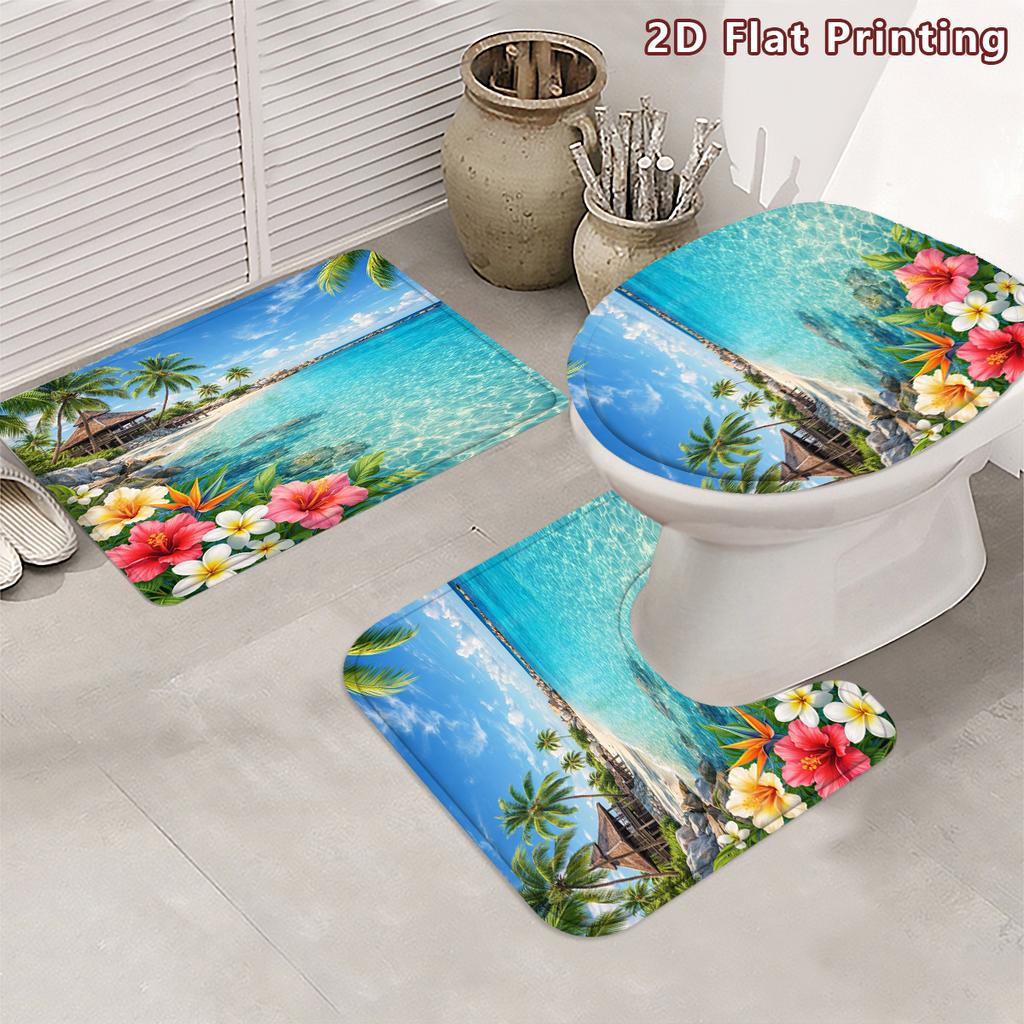 4Pcs 2D Flat Tropical Beach Shower Curtain Set with Non-Slip Bath Mat, Toilet Lid Cover, Contour Rug & 12 Hooks, Bathroom Decor