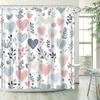Akvarelový závěs do sprchy se srdíčky - Růžová, modrá a béžová srdíčka se stylizovanými listy na bílém pozadí, odolný polyester