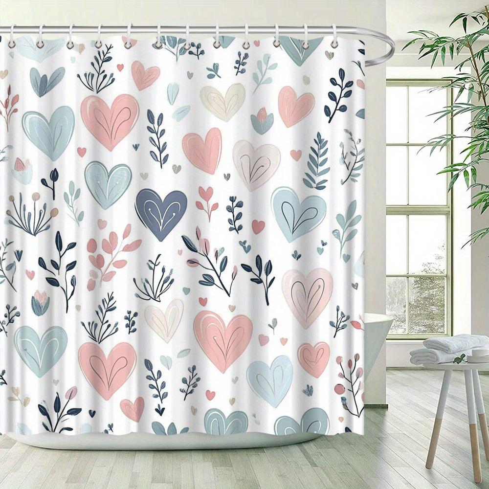 Akvarelový závěs do sprchy se srdíčky - Růžová, modrá a béžová srdíčka se stylizovanými listy na bílém pozadí, odolný polyester