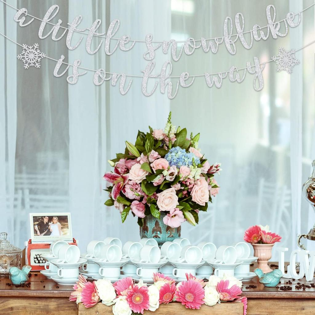 A Little Snowflake is on The Way Banner, Winter Wonderland Themed Baby Shower Party Decorations, Winter Gender Reveal Decor Silver Glitter