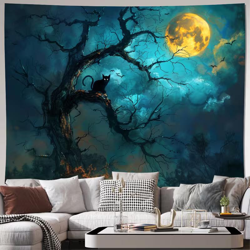 

2D Spooky Halloween Black Cat Moon Tapestry Dark Night Forest Wall Decor Cloth for Home & Bedroom 47.2x31.5inch/120*80cm