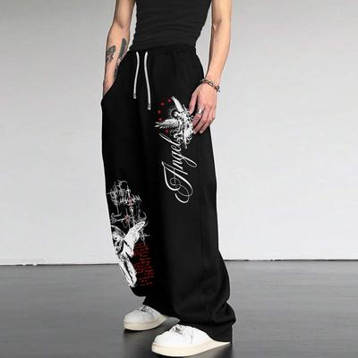 Dunkle Punk-Style „Engel und Schwert“ Print Weitbeinige Hose; Unisex High-Street Jogginghose mit Kordelzug, lockerer Passform und geradem Bein