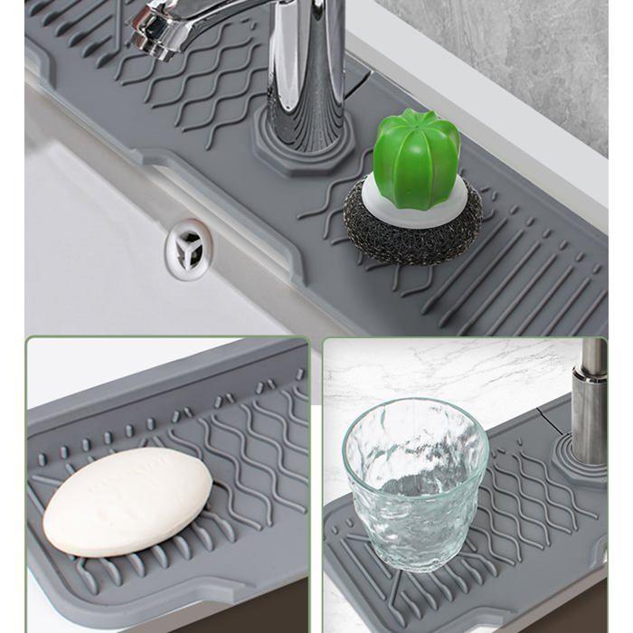 Tapis d'évier - AIMOONSA - 43,3x15 cm - Silicone alimentaire - Anti‑éclaboussures - Trou 3,1–5,5 cm - Gris