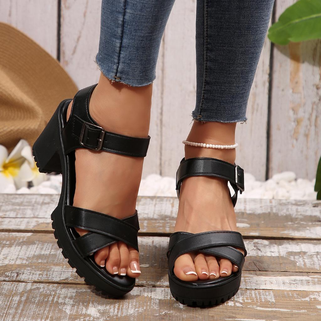 Lässige Übergröße Ein-Wort-Schnalle mit dickem Absatz Sandalen Damen 2025 Sommer neue Fischmaulsandalen wasserdichte Plateau-Plateausandalen