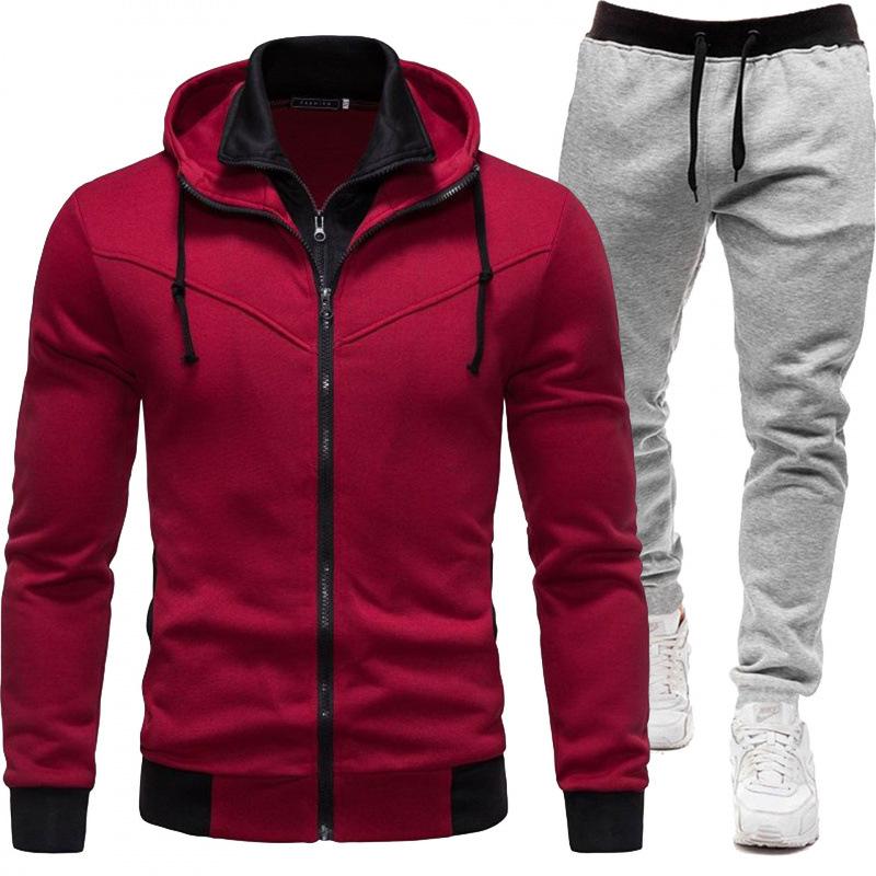 2026 Men's Sporty Patchwork Hooded Jacket and Long Pants Set for Autumn/Winter