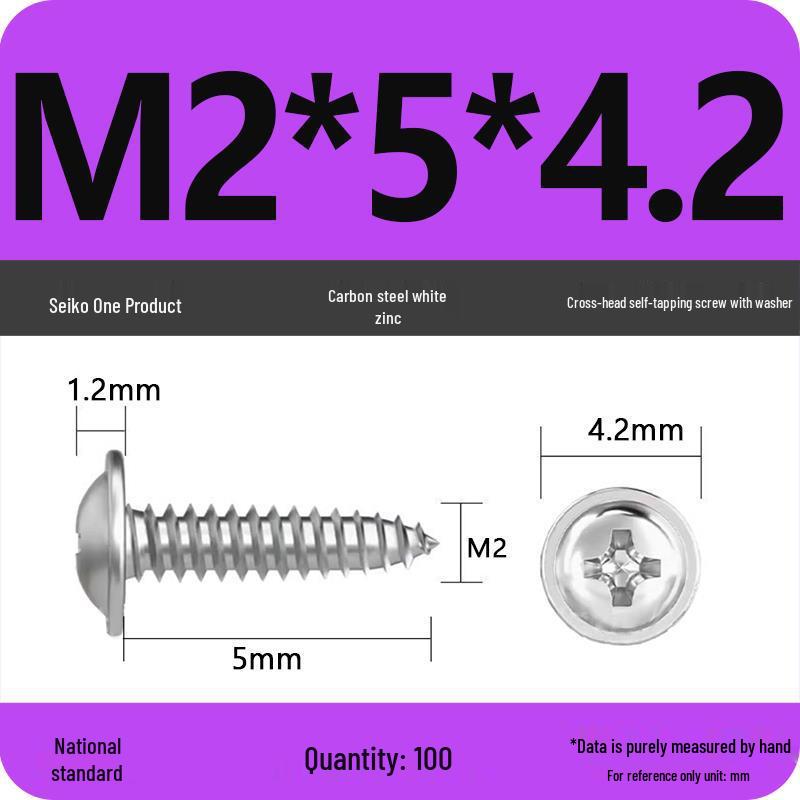 PWA Nickel-Plated Carbon Steel Self-Tapping Screws with Washer, White Zinc Cross Head, Pointed Tail, Sizes: 1.6/1.8/2/2.5