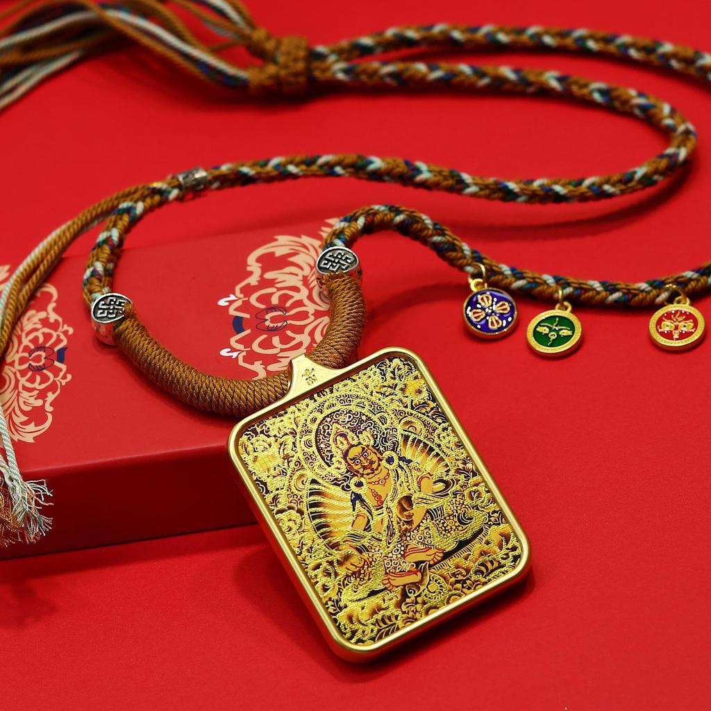 Tibetan Zodiac Eight Protectors Thangka Gold-Inlaid Square Pendant Necklace