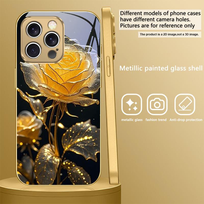 Elegant golden rose For IPhone 17Pro Max 16 17 Pro 15 Pro 14 13 Plus 12 Mini 11Pro Max XR 16E 17 Air Golden glass phone case