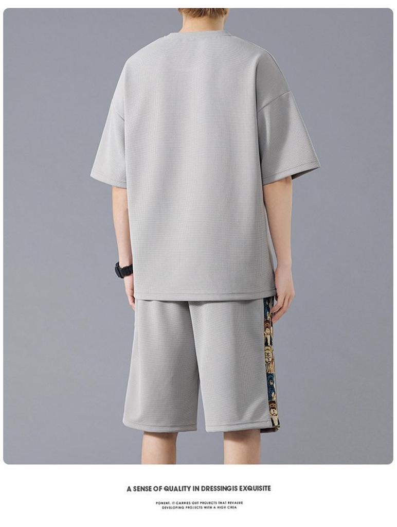 Men's Trendy Waffle Weave Sports Suit: Breathable Short Sleeve & Loose Fit Shorts Two-Piece Set