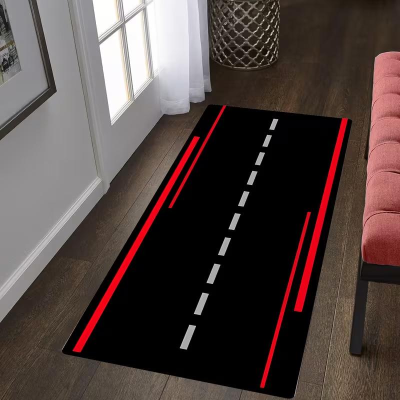 

Dynamic Red Striped Highway Pattern Long Runner Rug Non Slip Hallway Entryway Carpet Soft Wear Resistant Kids Playroom Decor Mat 40X120CM