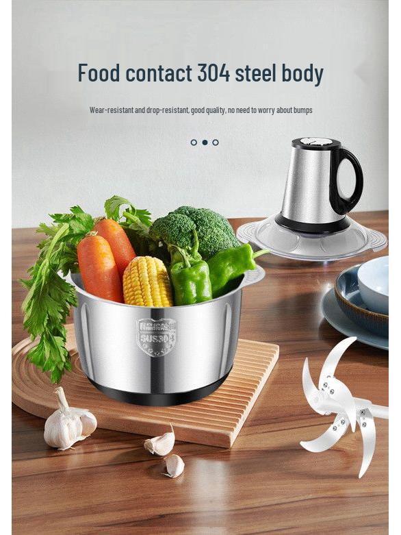 Stainless Steel Electric Meat Grinder & Multi-function Food Processor with Dough Kneading, Garlic Paste, and Vegetable Shredder